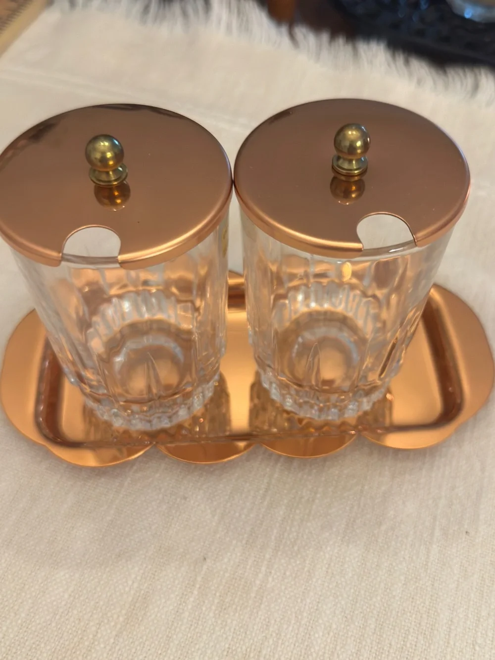 Coppercraft Arcoroc France Lidded Jelly Jars (set of 2) with brass tray